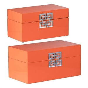 Benjara Neo 14- 11&quot Set of 2 Decorative Boxes- Geometric Metal Accents- Orange