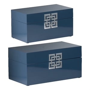 Benjara Neo 14- 11&quot Set of 2 Decorative Boxes- Geometric Metal Accents- Blue