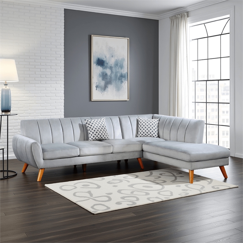 Benjara Lynn 2 PC Sectional Sofa Set- Chaise Lounger- Tufted Velvet- Light Gray