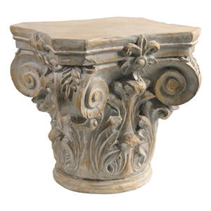 Benjara 18&quot Column Pedestal- Classic Carved Scrollwork- Floral- Antique White
