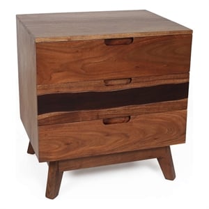 Benjara 23&quot Nightstand Side Table- Live Edge Acacia Wood- 3 Drawers- Brown