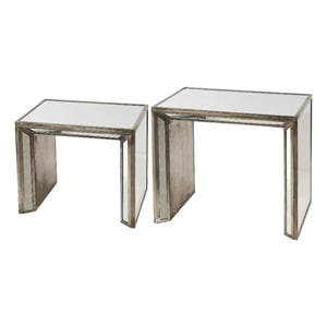 Benjara 27- 21&quot Nesting Side Table Set of 2- Mirrored Wood Frame- Silver