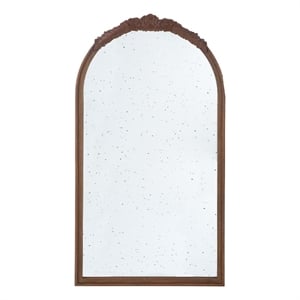Benjara Eel 42&quot Wall Mirror-Brown Arched Wood Frame-Hand Carved Rose Accent