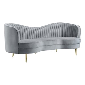 Benjara Enzo 84&quot Modern Sofa- Curved Kidney Shape- Channel Tufted- Gray- Gold