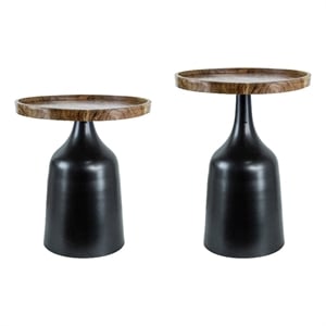 Benjara 20- 17&quot Side Table- Acacia Wood- Flared Pedestal Base- Aluminum- Black