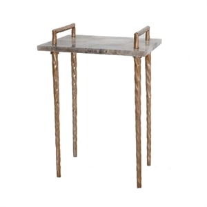 Benjara 22&quot Accent Table- Agate Stone Top- Modern- Sleek Metal Frame- Bronze
