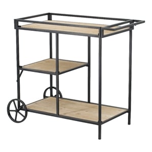 Benjara 32&quot Bar Cart- 3 Tiers- Fir Wood Shelves- Iron Frame- Black/Brown