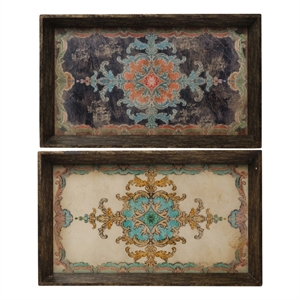 Benjara 25&quot Wood Tray- Vintage Style- Distressed Brown Wood Frame (Set of 2)
