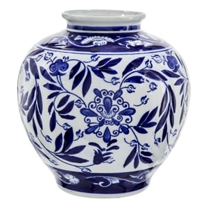 Benjara 9&quot Porcelain Vase- Blue Print- Curved Shape- Flared Opening