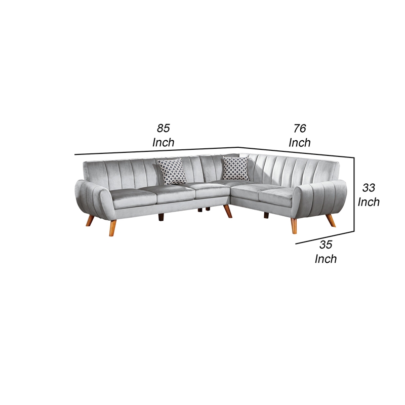 Benjara Lynn 2 PC L Shaped Sectional Sofa- Vertical Tufting- Velvet- Light Gray