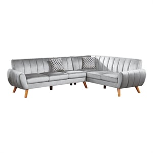 Benjara Lynn 2 PC L Shaped Sectional Sofa- Vertical Tufting- Velvet- Light Gray