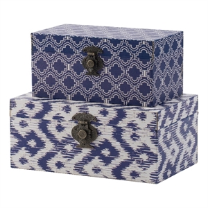 Benjara 12- 10&quot Wood Boxes- Classic Blue & White Quatrefoil Design (Set of 2)