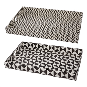 Benjara 25&quot Decorative- Black White Wood Trays- Art Deco Geometric (Set of 2)