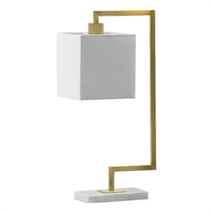 Benjara 25&quot Modern Geometric Table Lamp- Square Shade- White Marble Base- Gold