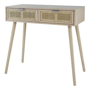 Benjara Pia 32&quot Wood Console Table- 2 Drawers- Woven Rattan- Natural Brown
