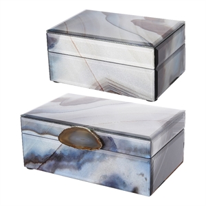 Benjara 8- 6&quot Modern Jewelry Box- Blue Silver Marble Effect- Glass and Stone