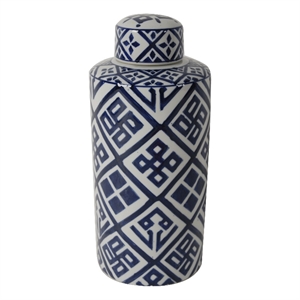 Benjara 14&quot Lidded Jar- Geometric Pattern- Cylindrical Blue & White Porcelain