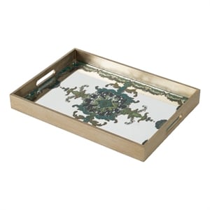 Benjara Miki 18&quot Decorative Tray- Artistic Mirrored Damask Pattern- Gold Finish