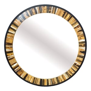 Benjara 32&quot Accent Wall Mirror- Round Metal Frame with Agate Inspired Pattern