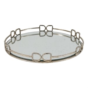 Benjara Sui 18&quot Round Tray- Glass Bottom- Silver Geometric Frame- Large