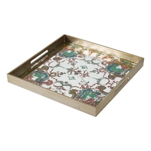 Benjara Miki 20&quot Square Decorative Tray- Artisan Mirrored Damask Pattern- Gold