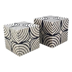 Benjara 8- 7&quot Storage Box Set of 2- Wood Frame- Black and White Trellis