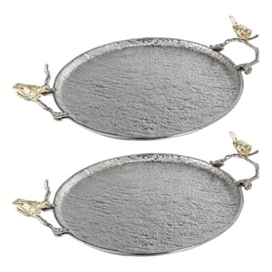 Benjara 21&quot Decorative Tray Set of 2- Perched Birds Silver Metal- Large