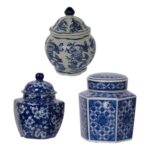 Benjara 6- 6- 7&quot Lidded Jars-Blue Flowers- Curved (Set of 3)
