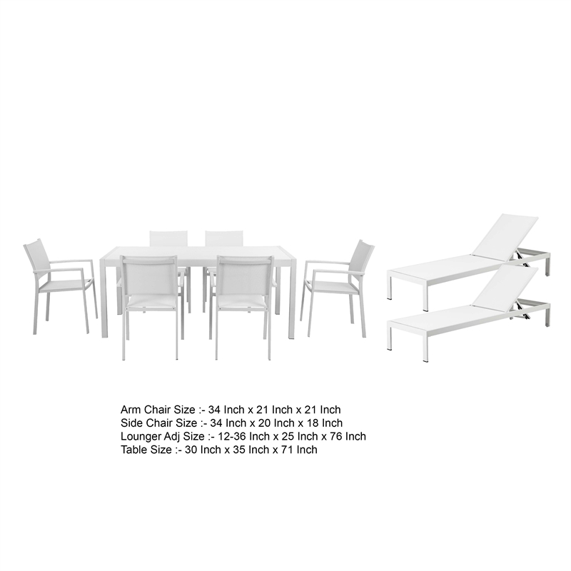 Benjara Kris 9 PC Patio Dining & Lounge Set- White Textilene Seating- Aluminum