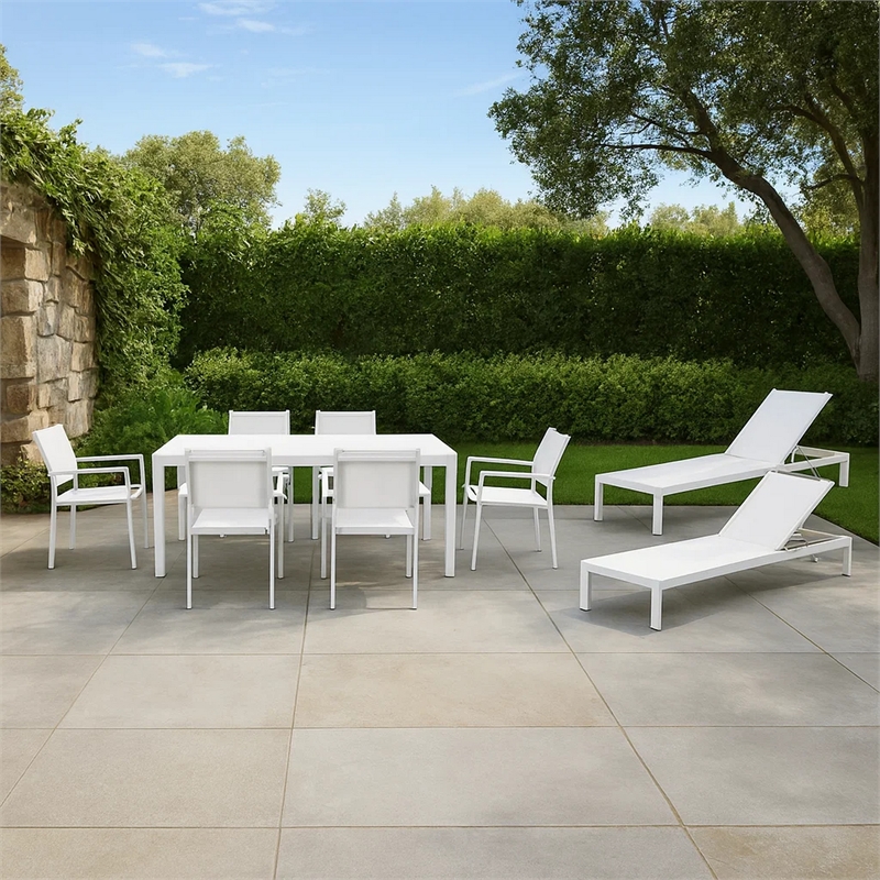 Benjara Kris 9 PC Patio Dining & Lounge Set- White Textilene Seating- Aluminum