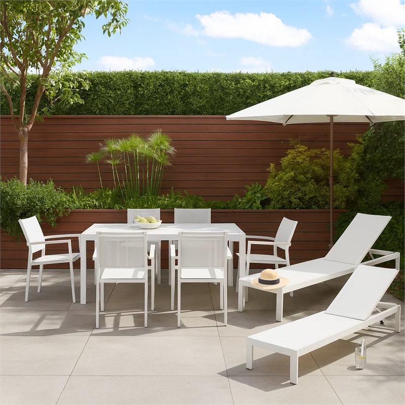 Benjara Kris 9 PC Patio Dining & Lounge Set- White Textilene Seating- Aluminum