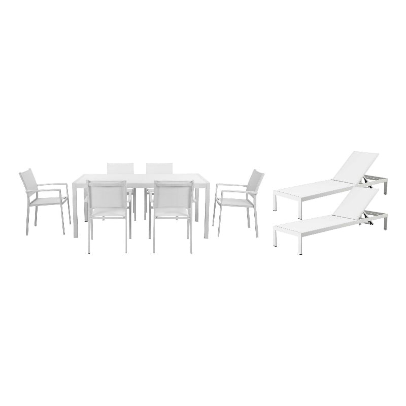 Benjara Kris 9 PC Patio Dining & Lounge Set- White Textilene Seating- Aluminum