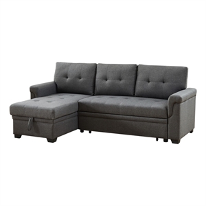 Benjara Elliot 84&quot Sleeper Sectional Sofa with Storage Chaise- Dark Gray Linen