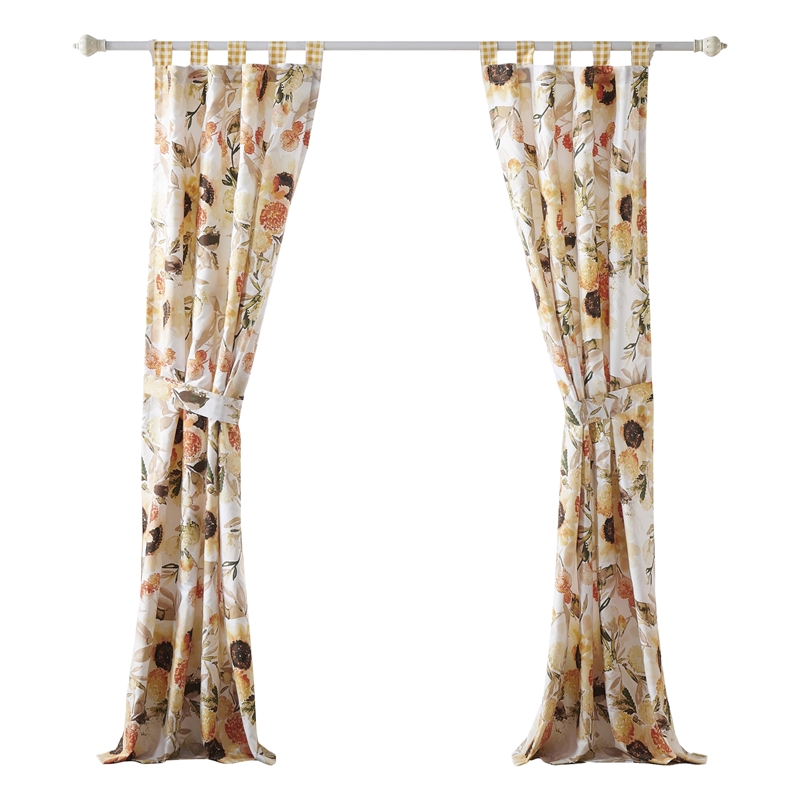 Benjara Kelsa Set of 2 Panel Curtains with Watercolor Sunflowers- Ruffled- Gold