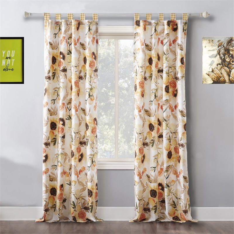 Benjara Kelsa Set of 2 Panel Curtains with Watercolor Sunflowers- Ruffled- Gold