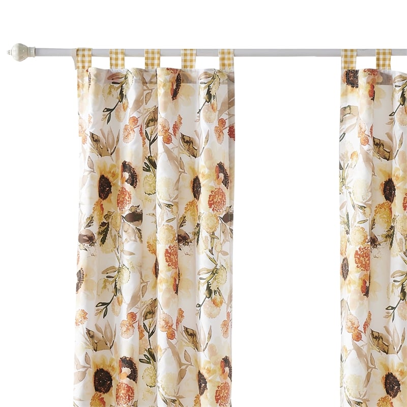 Benjara Kelsa Set of 2 Panel Curtains with Watercolor Sunflowers- Ruffled- Gold