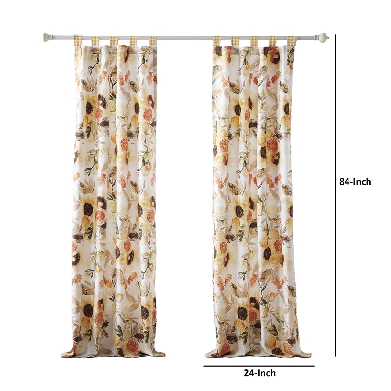 Benjara Kelsa Set of 2 Panel Curtains with Watercolor Sunflowers- Ruffled- Gold