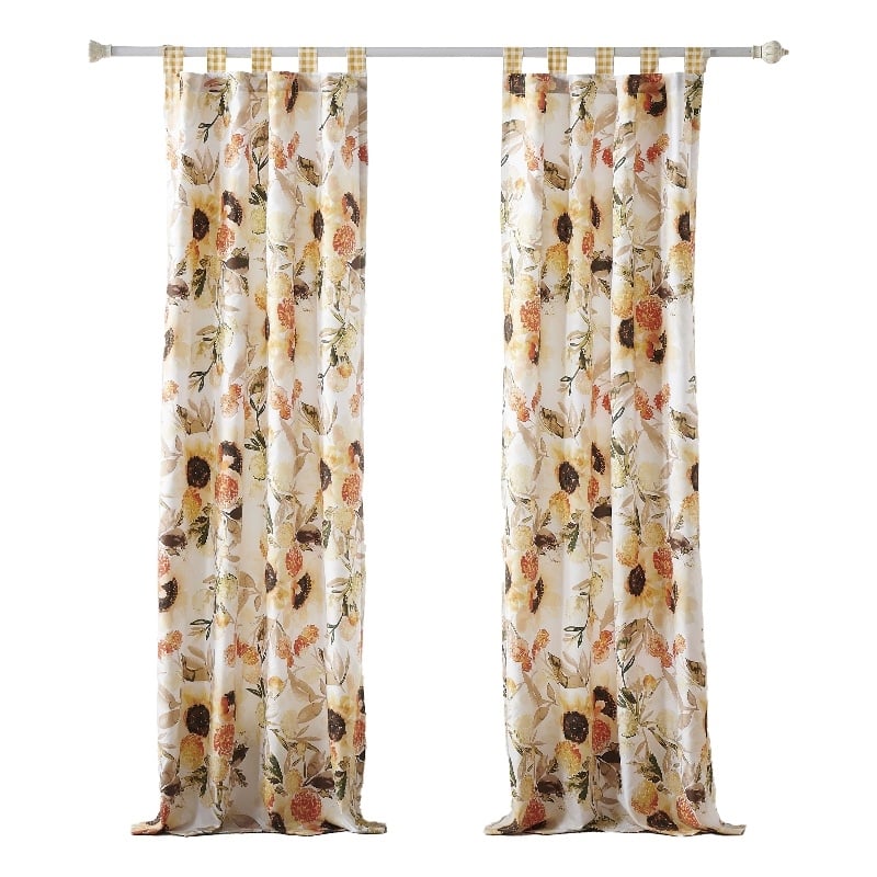 Benjara Kelsa Set of 2 Panel Curtains with Watercolor Sunflowers- Ruffled- Gold