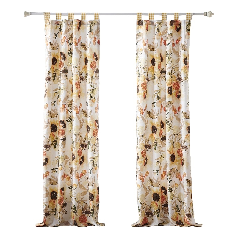 Benjara Kelsa Set of 2 Panel Curtains with Watercolor Sunflowers- Ruffled- Gold