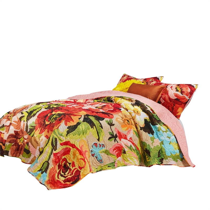 Benjara Dahl 3 Piece Queen Quilt Set- 2 Pillow Shams- Polyester Fill- Multicolor