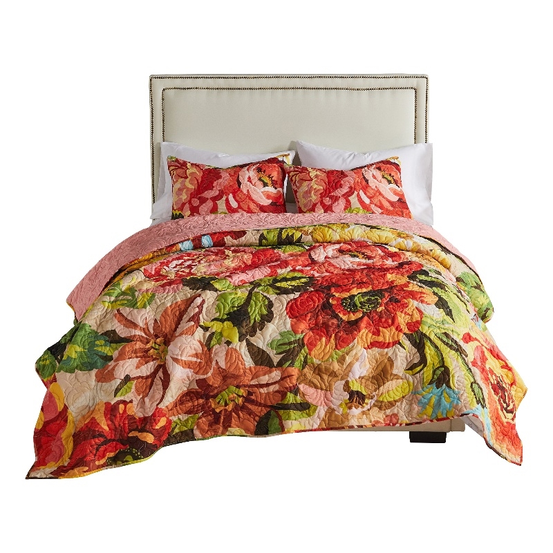 Benjara Dahl 3 Piece Queen Quilt Set- 2 Pillow Shams- Polyester Fill- Multicolor