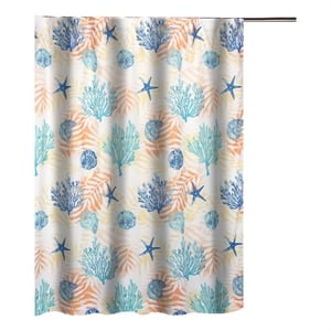Benjara Geo 72&quot Shower Curtain- White Blue Polyester- Seashells & Ferns Print