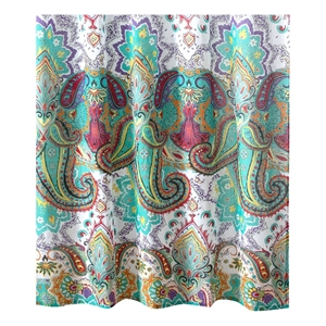 Benjara Vana 72&quot Shower Curtain- Microfiber Fabric- Blue & Red Paisleys Print