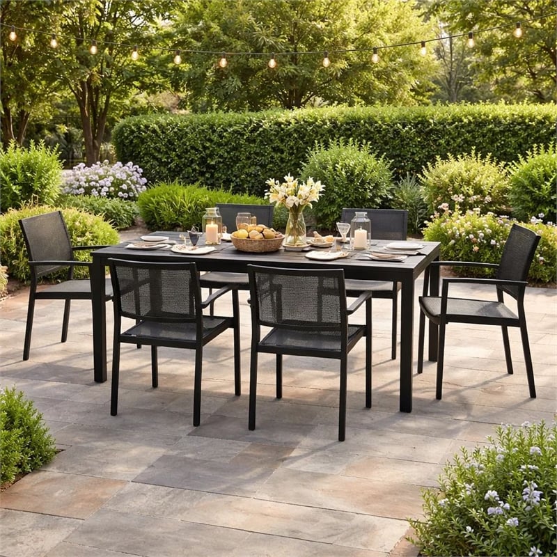 Benjara Fifi 7 PC Dining Table Set- Black Metal Frames- Smooth Textilene Fabric
