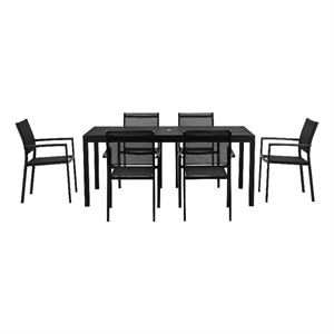 Benjara Fifi 7 PC Dining Table Set- Black Metal Frames- Smooth Textilene Fabric