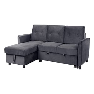 Benjara 83&quot Reversible Sleeper Sectional Sofa with Storage Chaise- Gray Velvet