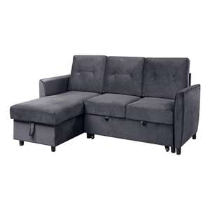 Benjara 83&quot Reversible Sleeper Sectional Sofa with Storage Chaise- Gray Velvet