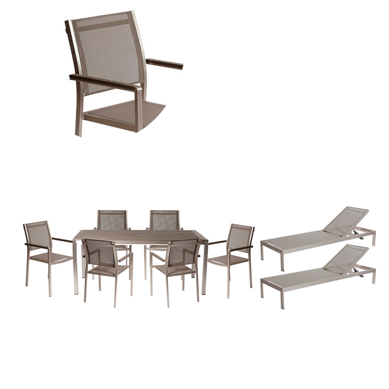 Benjara Kris 9 Piece Patio Dining & Lounge Set- Gray Textilene Seating- Aluminum