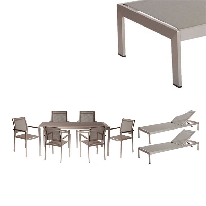 Benjara Kris 9 Piece Patio Dining & Lounge Set- Gray Textilene Seating- Aluminum