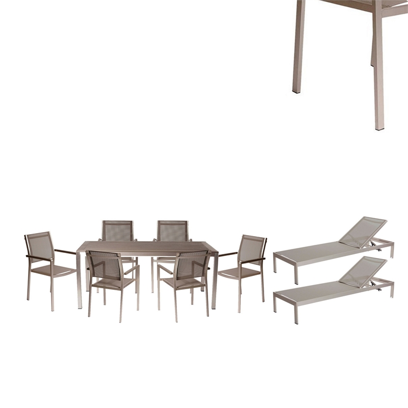 Benjara Kris 9 Piece Patio Dining & Lounge Set- Gray Textilene Seating- Aluminum